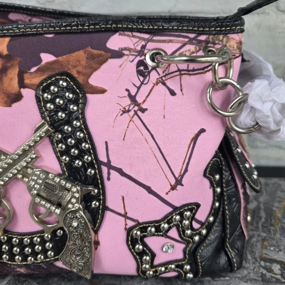 Mossy Oak Pink Camo Rhinestone Horseshoe Crossed Pistols